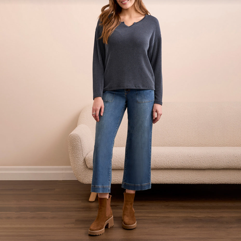 Tribal Clothing Co Long Sleeve Notch Collar Top-Marine