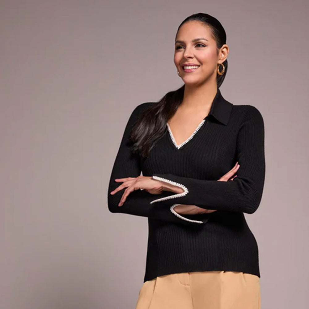 Tribal Clothing Co Long Sleeve Polo Sweater W/Blanket Stitch-Black