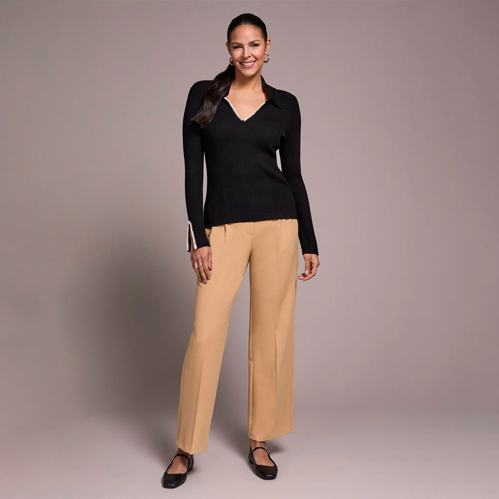 Tribal Clothing Co Long Sleeve Polo Sweater W/Blanket Stitch-Black