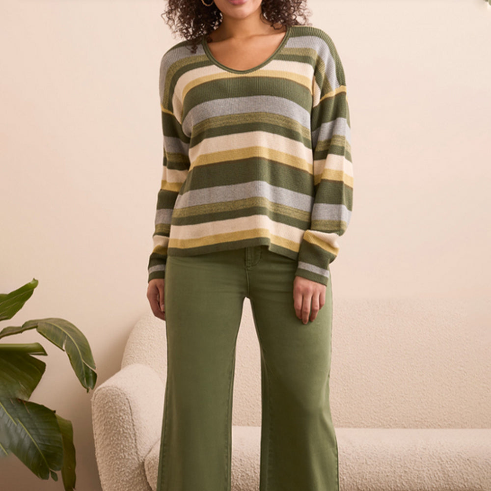 Person wearing a striped sweater and green pants against a beige wall.