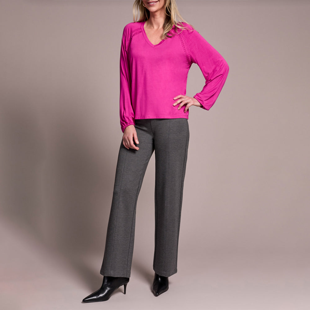 Tribal Clothing Co Long Sleeve V Neck Top W/Pleating Detail-Pink Flambe