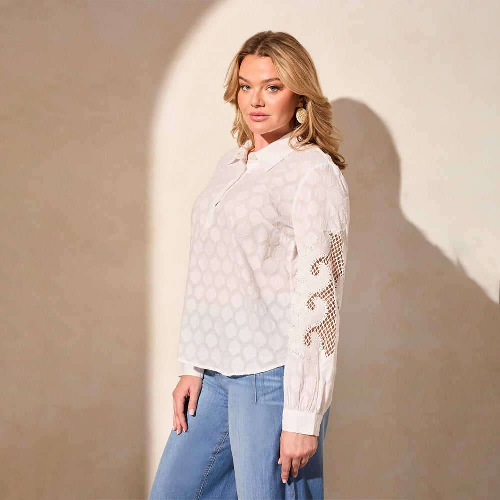 Tribal Clothing Co White Long Sleeve Blouse with Lace Applique On Sleeves