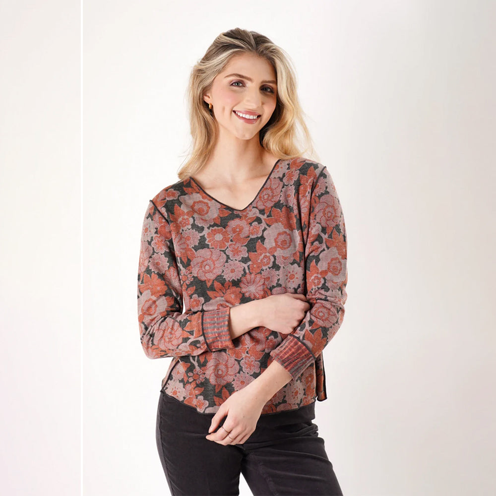 Trisha Tyler Orange Multi Floral Reversible V-Neck Top