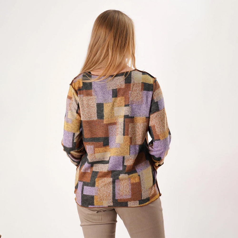 Trisha Tyler Orange Multi Sketch Block Reversible Crew Necklace Top