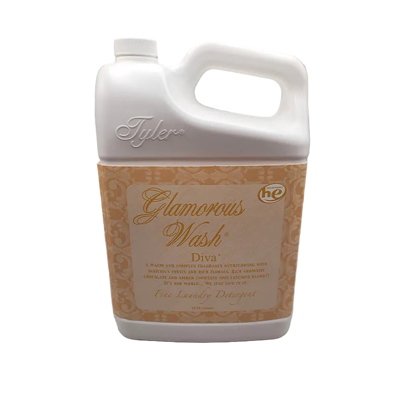 A white plastic bottle with a label that reads 'Glamorous Wash Diva' by Tyler Candle Company.