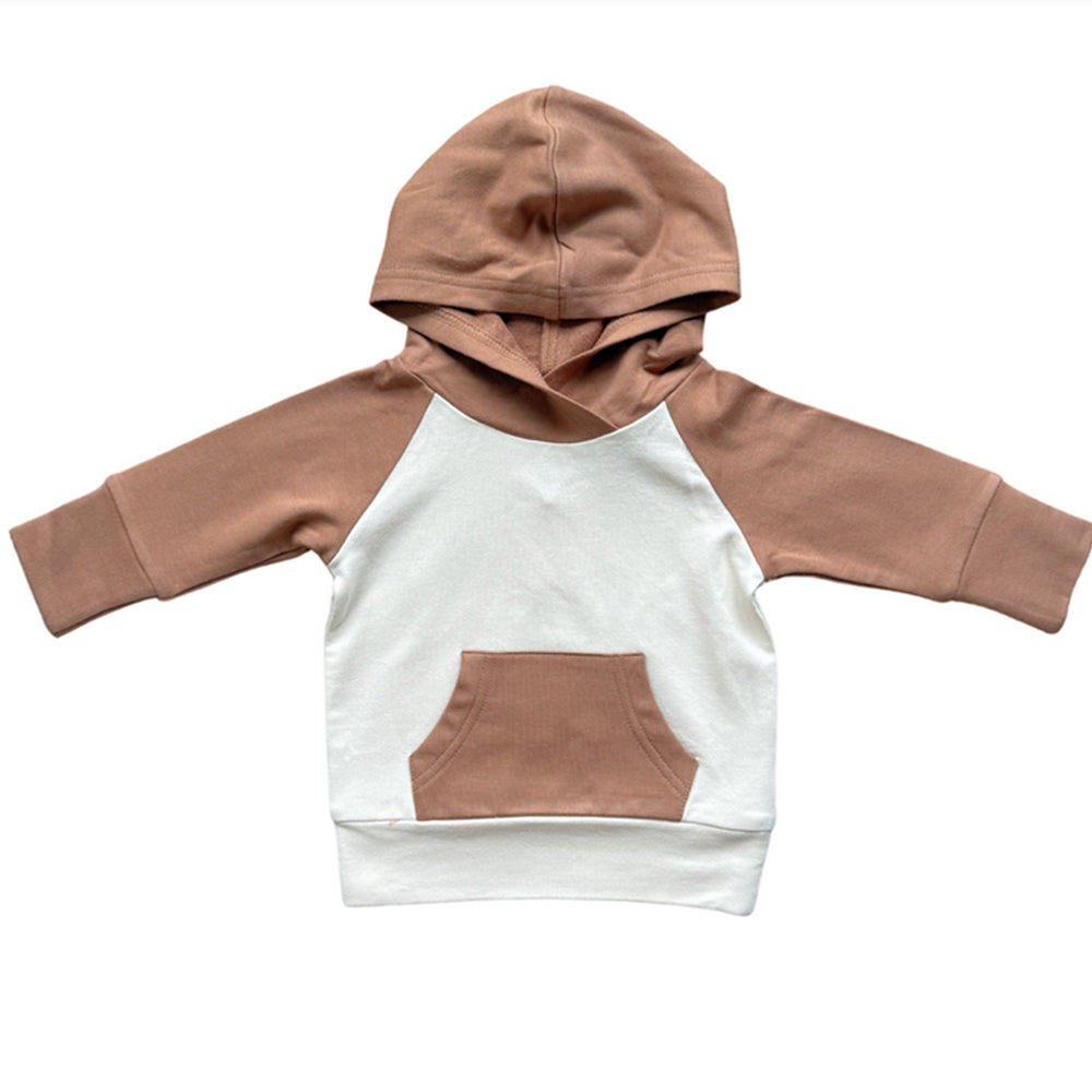 Children's hoodie with white body and brown sleeves and hood on a white background