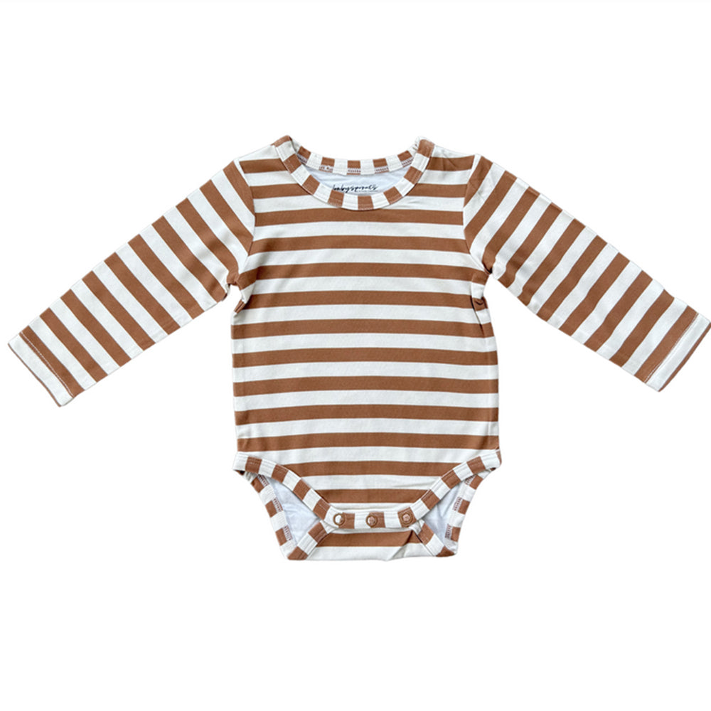 Brown and white striped baby onesie on a white background