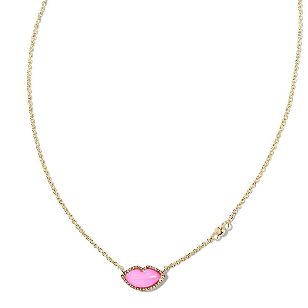 Gold necklace with hot pink lip pendant
