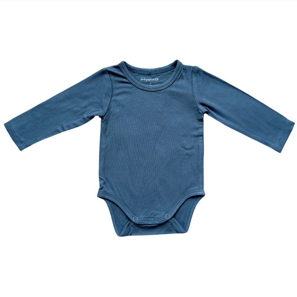 Blue baby onesie on a white background