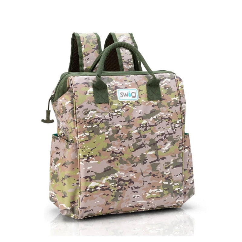 Swig backpack cooler with a camo print. 