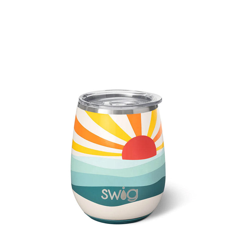 Swig to go cup with sunrise pattern and blue hues on the bottom. 