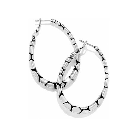 Pair of silver hoop earrings on a white background