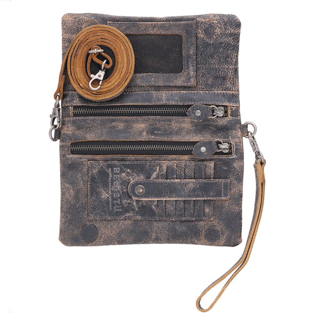 Brown leather crossbody bag with strap on a white background