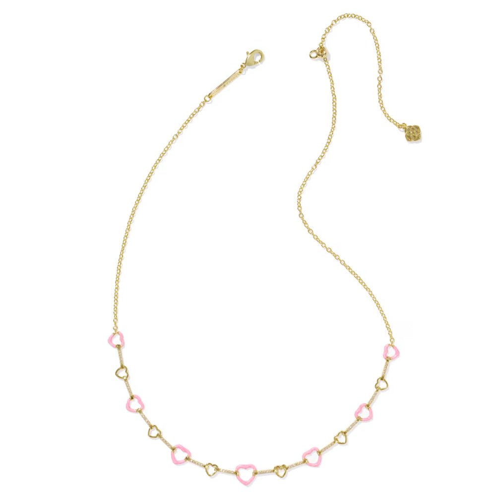 Gold necklace with pink heart-shaped beads on a white background