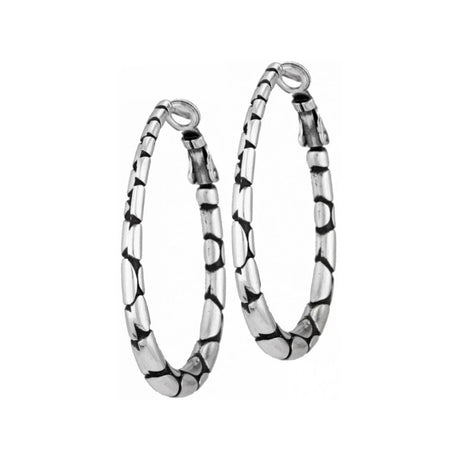 Pair of silver hoop earrings with black pattern on a white background