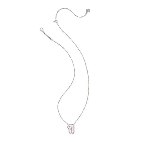 Silver necklace with a small pink pendant on a white background