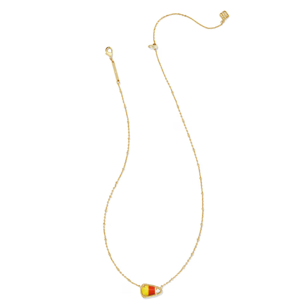 Gold necklace with a colorful pendant on a white background