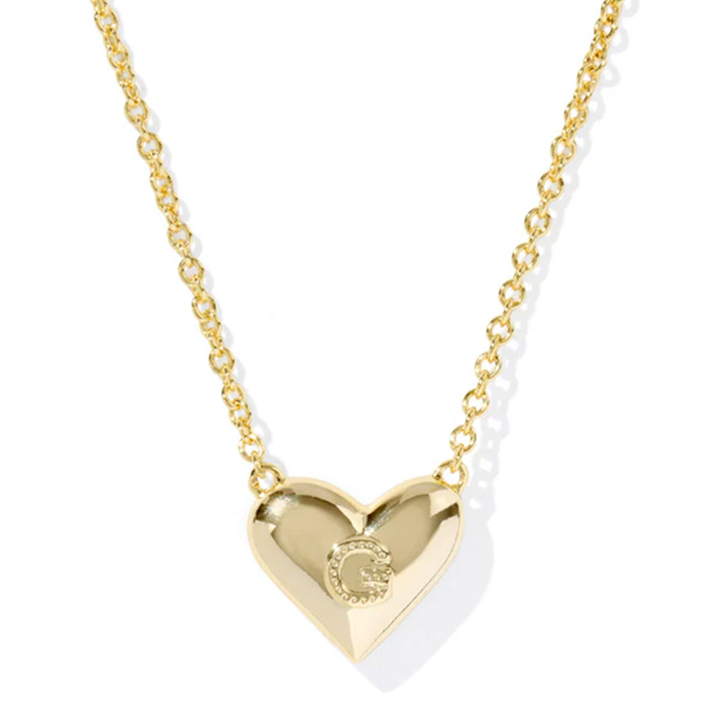 Gold heart-shaped necklace with a visible brand logo on a white background