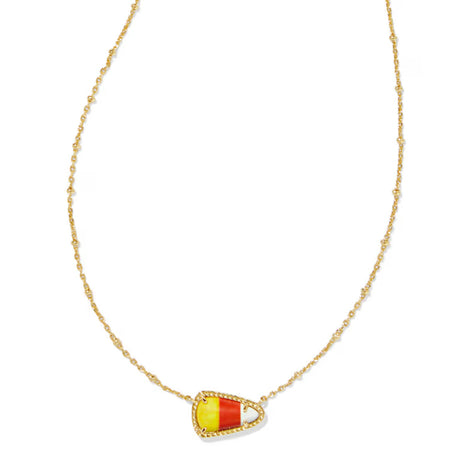 Necklace with a yellow, red, and white pendant on a gold chain against a white background