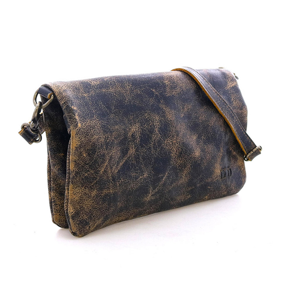 Worn leather bag on a white background