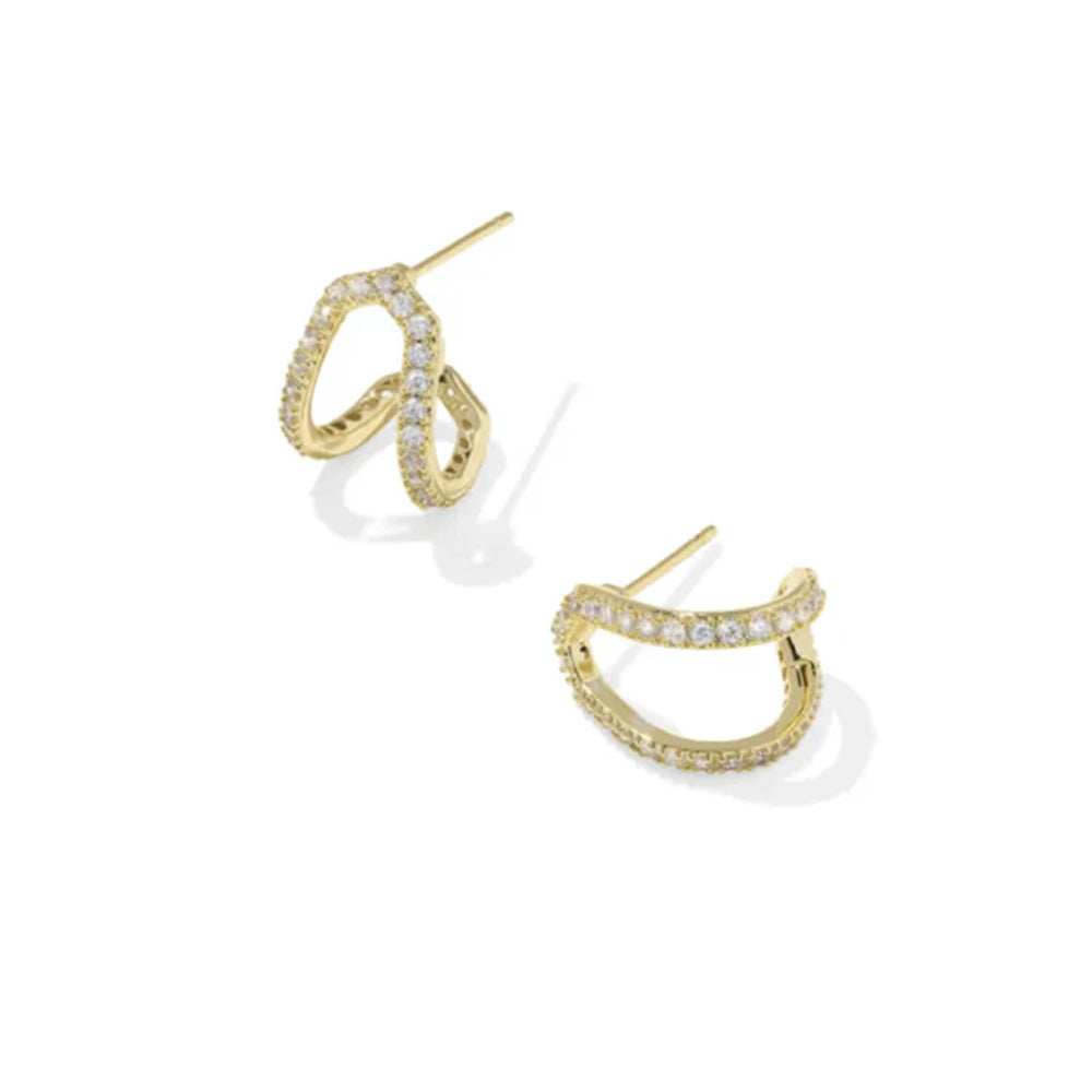 Gold hoop earrings with embedded diamonds on a white background