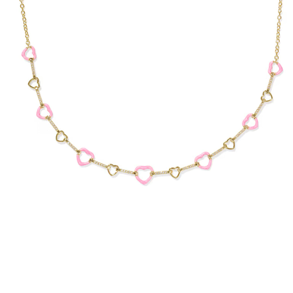 Necklace with pink heart-shaped links on a white background