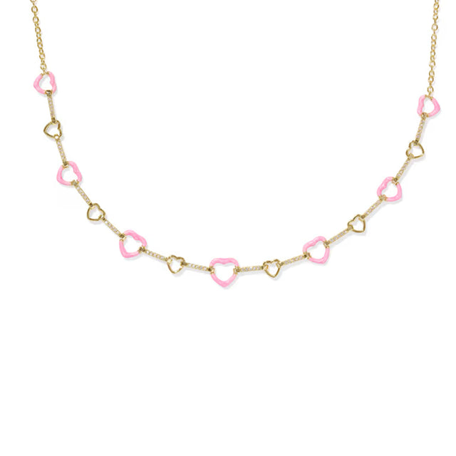 Necklace with pink heart-shaped links on a white background