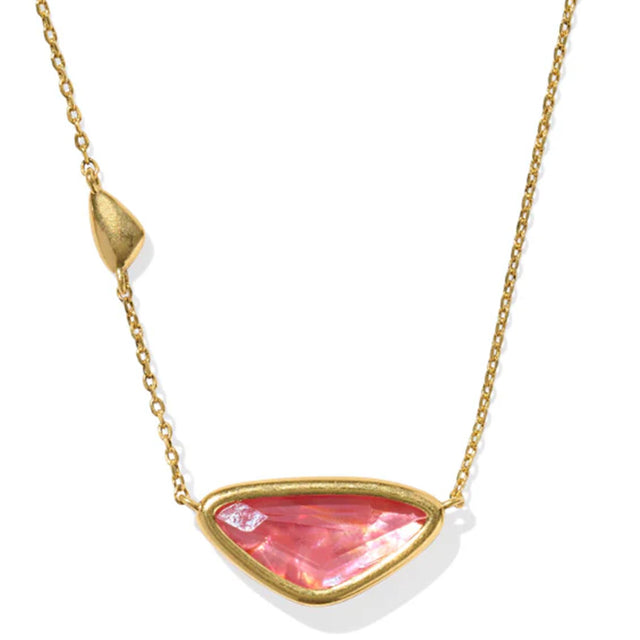 Necklace with a pink and gold pendant on a white background