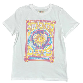 White t-shirt with 'Summer Days' graphic design on a white background