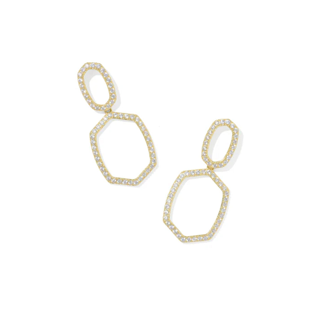 Gold earrings with geometric design on a white background