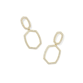 Gold earrings with geometric design on a white background