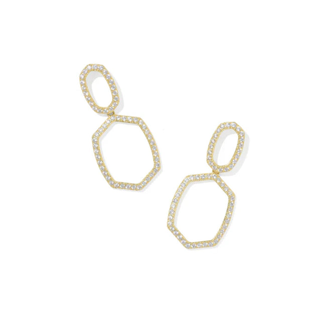 Gold earrings with geometric design on a white background