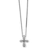 Silver cross pendant on a chain against a white background