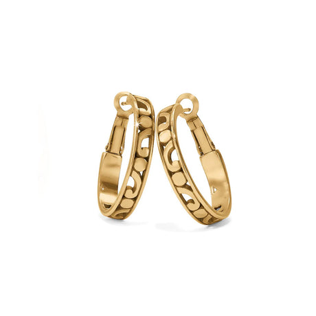 Gold hoop earrings with intricate designs on a white background
