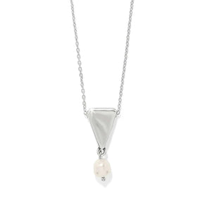 Necklace with a triangular pendant and pearl drop on a white background
