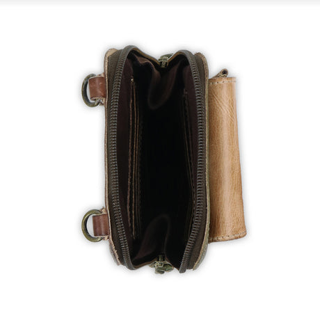 Brown leather wallet with open flap on a white background