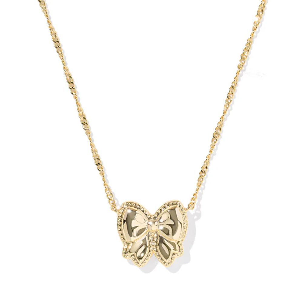 Gold butterfly necklace on a white background
