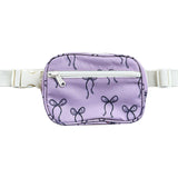 Purple waist bag with bow pattern on a white background