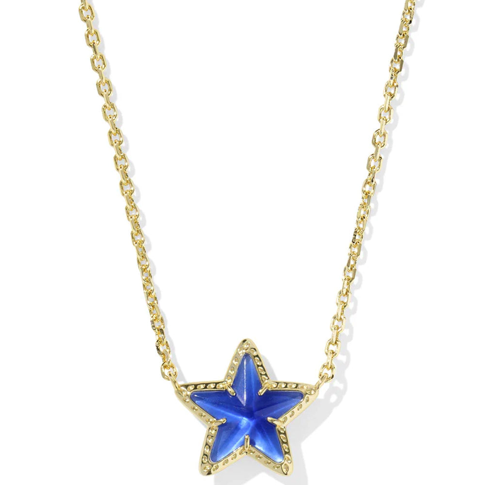 Star-shaped pendant necklace with blue stone on a gold chain against a white background