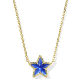 Star-shaped pendant necklace with blue stone on a gold chain against a white background
