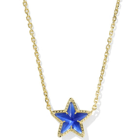 Star-shaped pendant necklace with blue stone on a gold chain against a white background