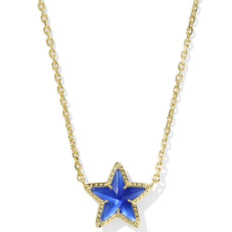 Star-shaped pendant necklace with blue stone on a gold chain against a white background