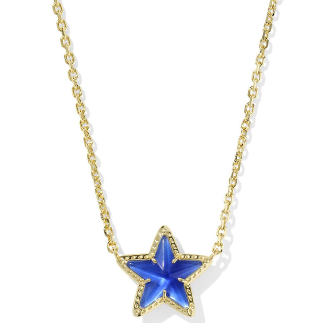 Star-shaped pendant necklace with blue stone on a gold chain against a white background