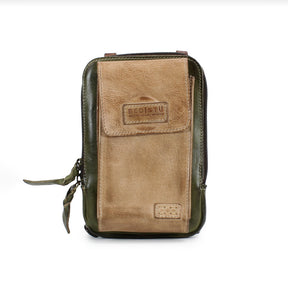 Brown leather pouch with green accents on a white background