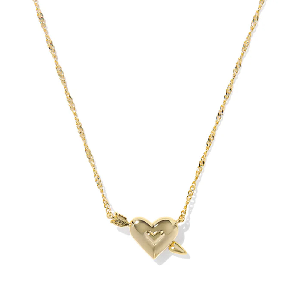 Gold heart-shaped pendant necklace on a white background
