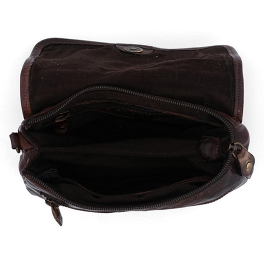 Brown leather bag with a zipper on a white background