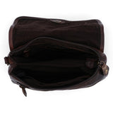 Brown leather bag with a zipper on a white background