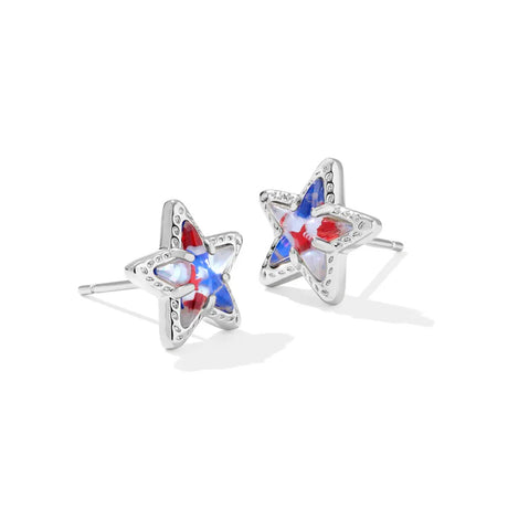 Star-shaped earrings with red, white, and blue design on a white background