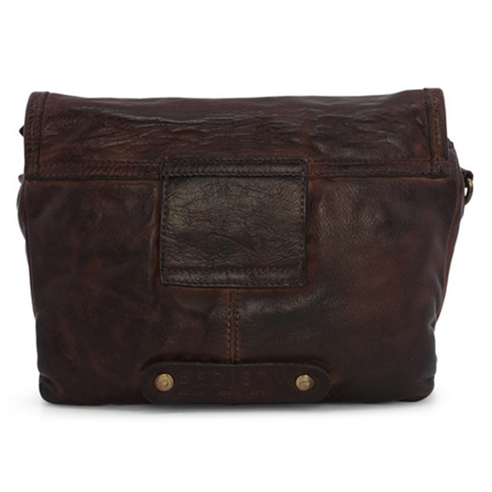 Brown leather bag with visible wear on a white background