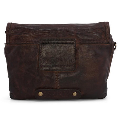 Brown leather bag with visible wear on a white background